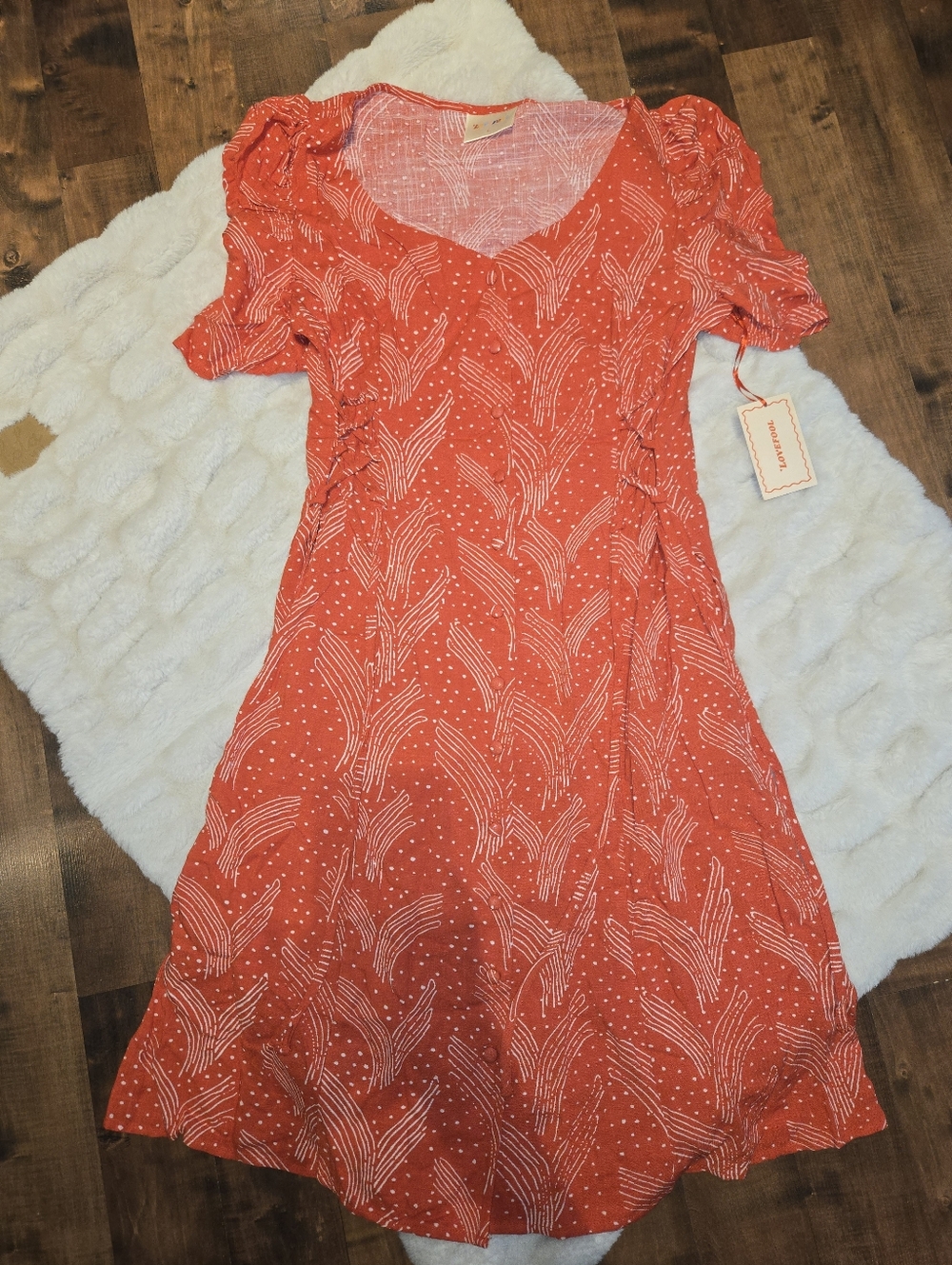 Lovefool Romantic Midi Button Front Dress [Large] Lace Detail Burnt Orange Red
